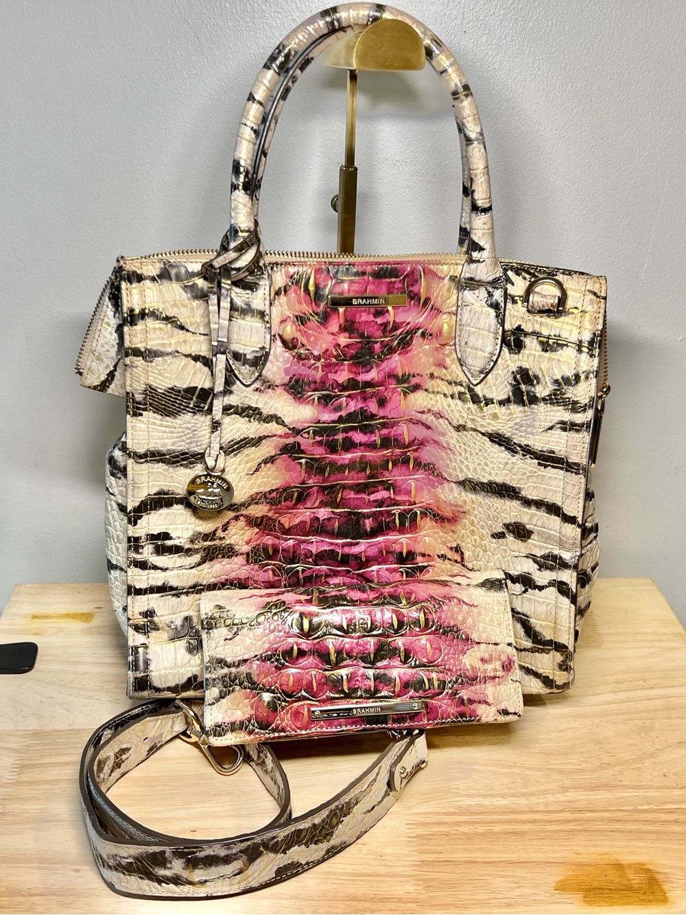 Brahmin Pink Ivory Embossed Leather Satchel and wallet Like New